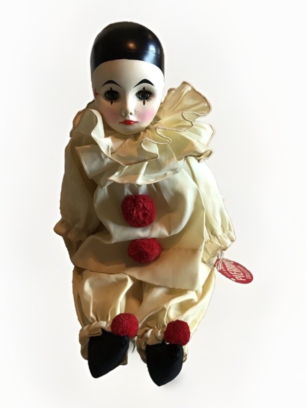 Vintage 1980s Pierrot Clown Doll Cream Satin Red Pom Poms Star Face